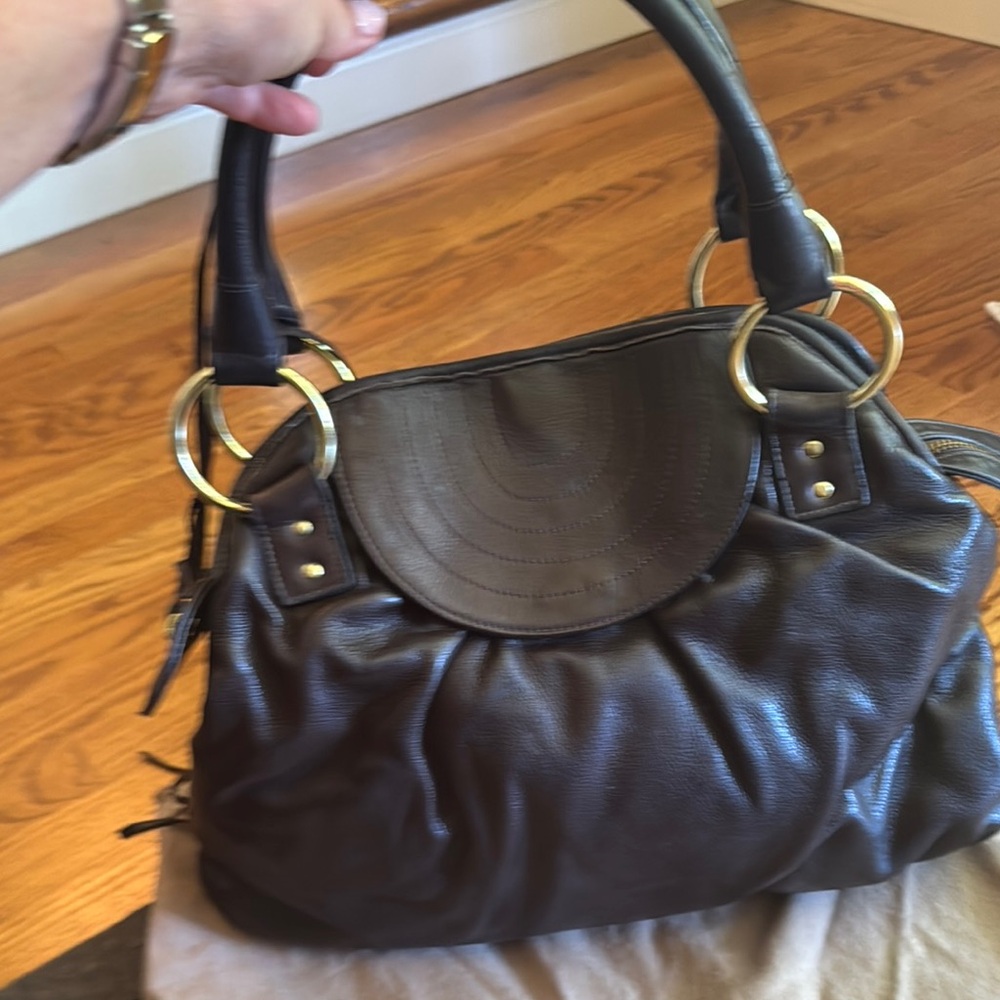 Bulga Dark Brown Leather Hobo Handbag With Tassel